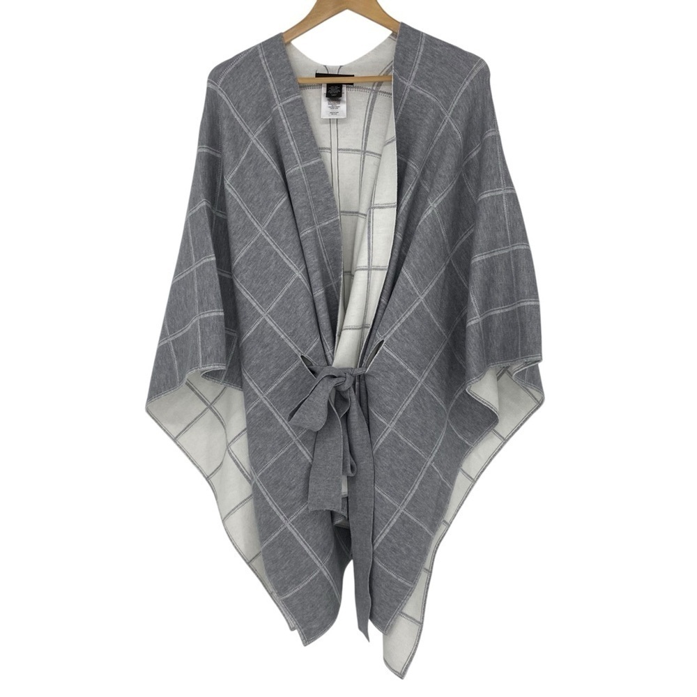 Tahari gray & white plaid one size sweater poncho with belt